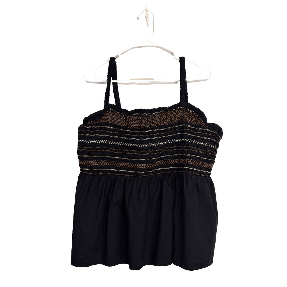 Old Navy Womens Smocked Babydoll Top 2XL Black Cotton Y2K Festival Boho Twee